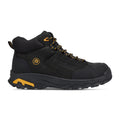 Dunham Stone Safety Toe Work Boot in black leather with yellow accents, rugged outsole, and secure lace-up closure, side view.