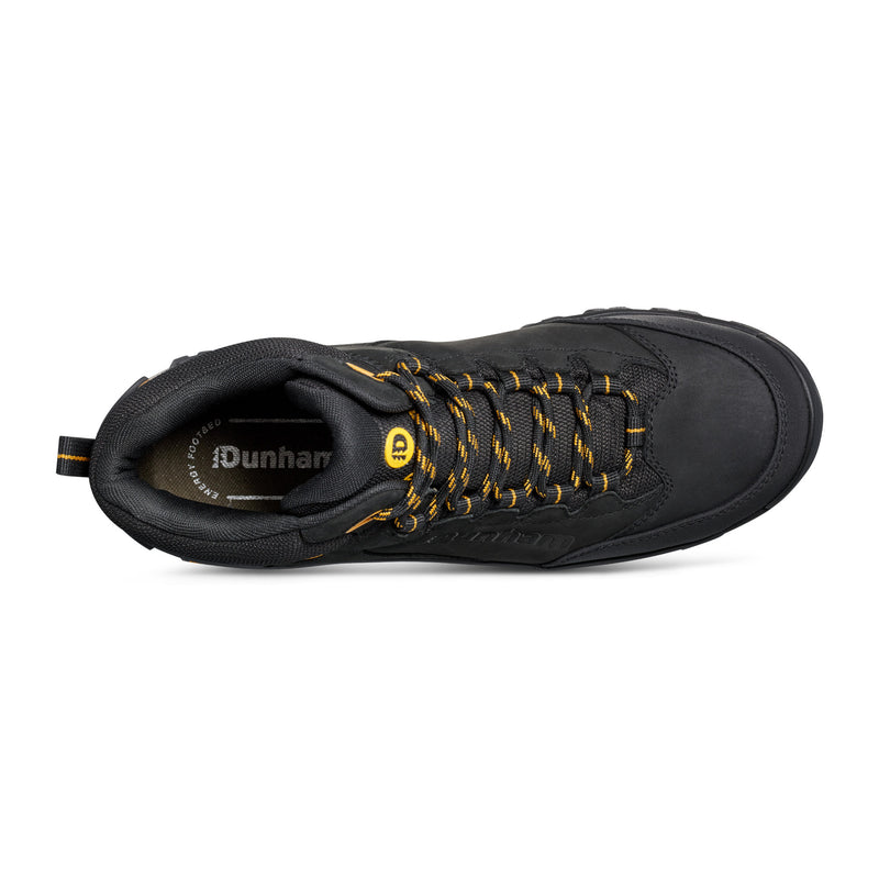 Dunham Stone Safety Toe Work Boot top view in black with yellow accents, featuring durable laces and padded collar.