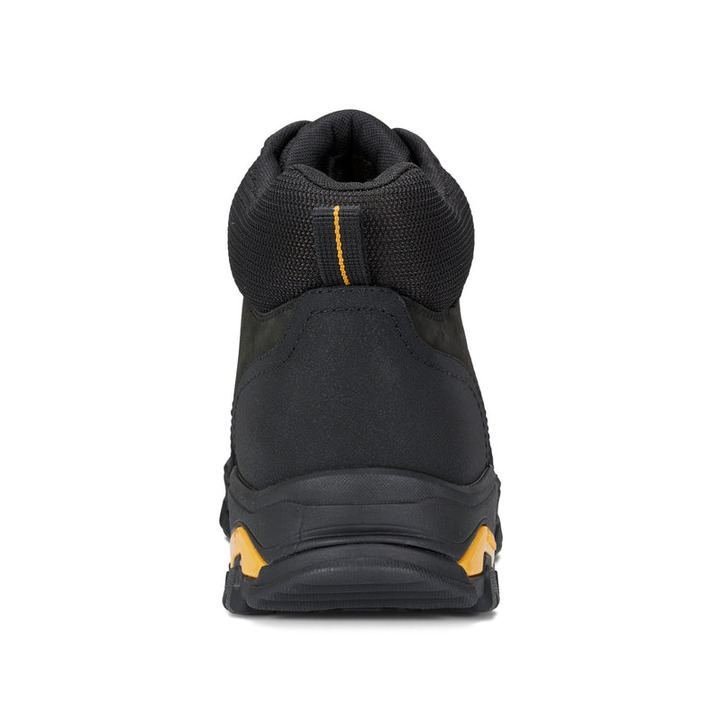 Dunham Stone Safety Toe Work Boot back view featuring black leather upper, padded collar, and yellow accents on outsole.