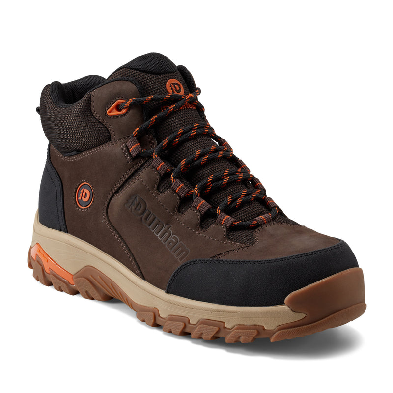 Dunham Stone Safety Toe Work Boot in brown leather and black mesh with orange accents and rugged outsole, side-angle view.