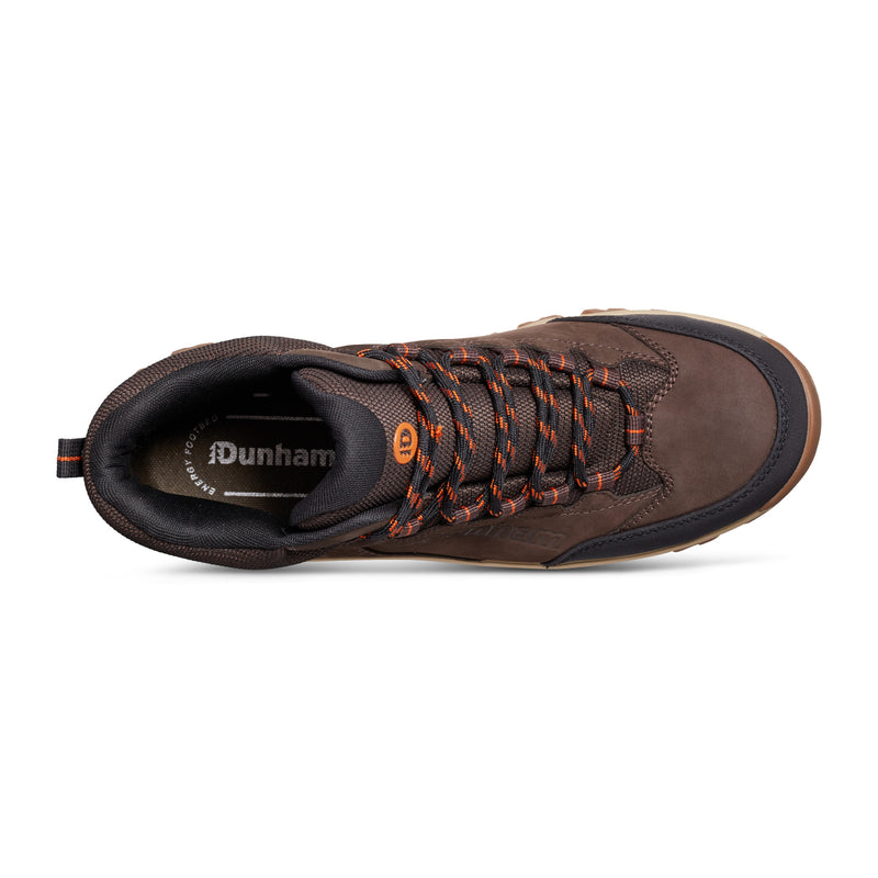 Dunham Stone Safety Toe Work Boot top view in brown leather with black and orange laces, breathable mesh lining, and padded collar.