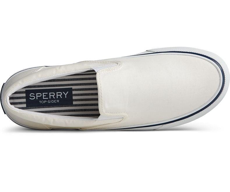 Sperry Striper II Slip On Sneakers in white with striped interior and canvas upper, top view.
