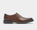 Rockport Style Leader 2 Bike Toe Slip-On dress shoes in brown leather with subtle stitching, side view.