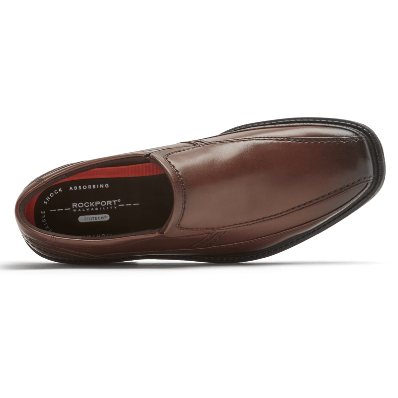 Rockport Style Leader 2 Bike Toe Slip-On dress shoes in brown leather with cushioned footbed, top view.