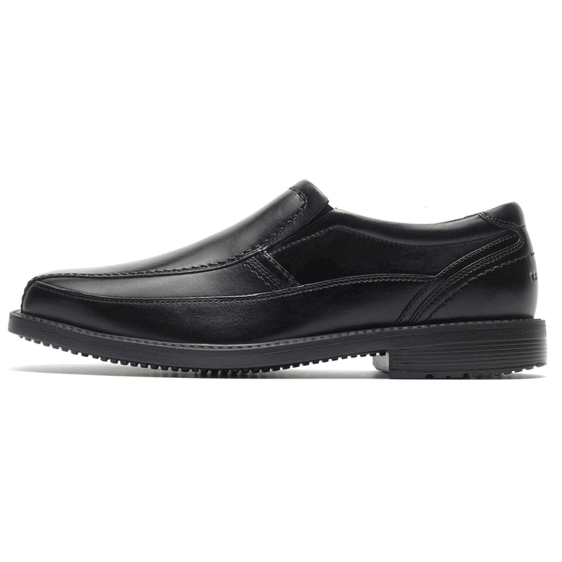 Rockport Style Leader 2 Bike Toe Slip-On shoes in black leather with sleek stitching detail and slip-on design, side view.