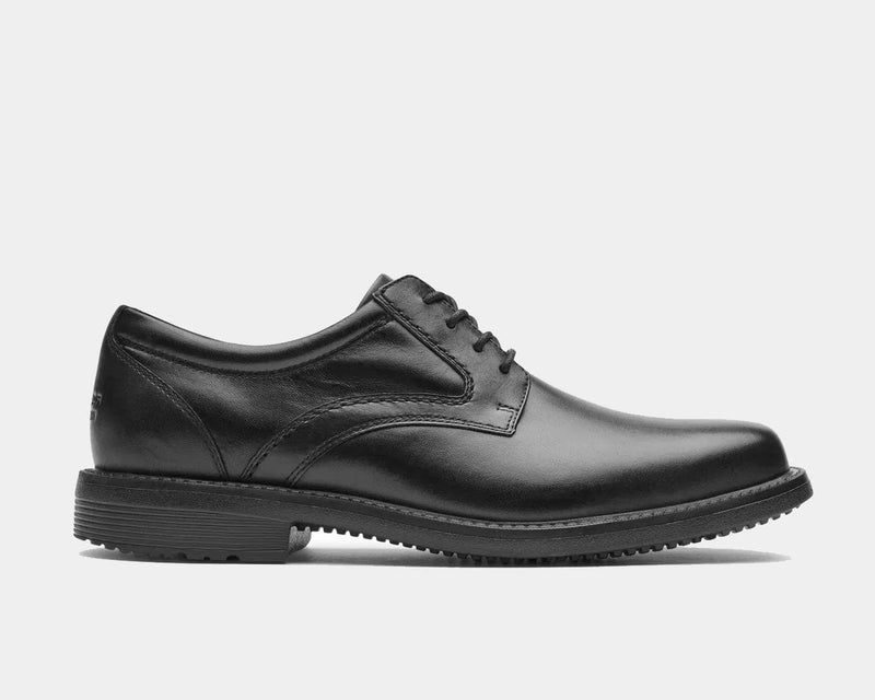 Rockport Style Leader 2 Plain Toe dress shoes in black leather with lace-up closure and durable rubber outsole, side view.