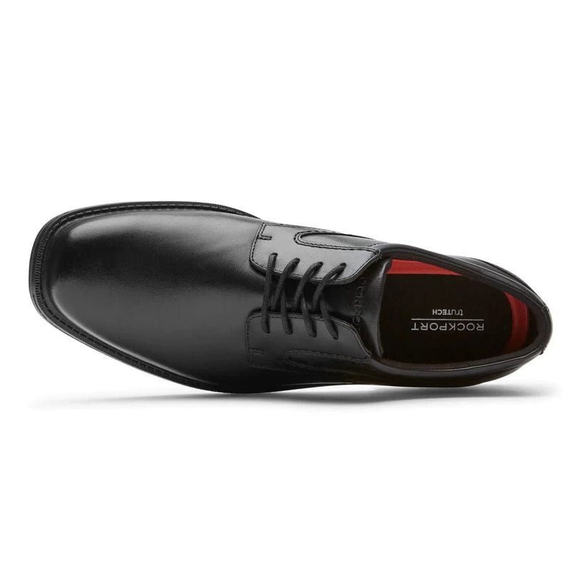 Rockport Style Leader 2 Plain Toe dress shoe in black leather with lace-up design and padded red interior, top view.