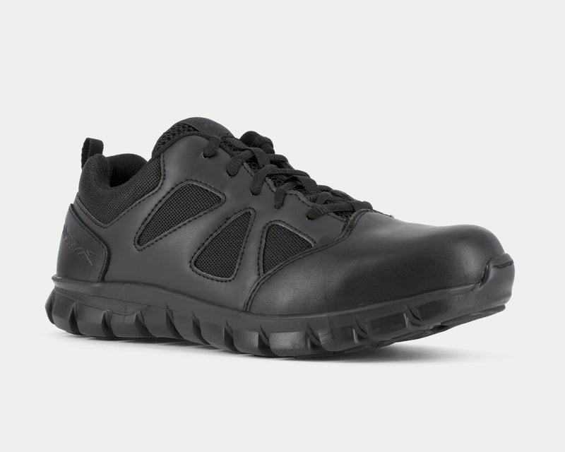 Reebok Work Sublite Cushion Tactical shoes in black with athletic-inspired design, mesh panels, and slip-resistant outsole, side angle view.