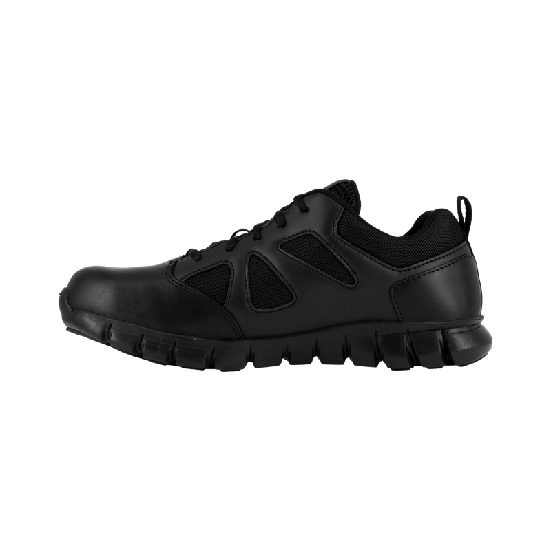 Reebok Work Sublite Cushion Tactical Shoes in black with leather and mesh upper and lightweight cushioned sole, side view.