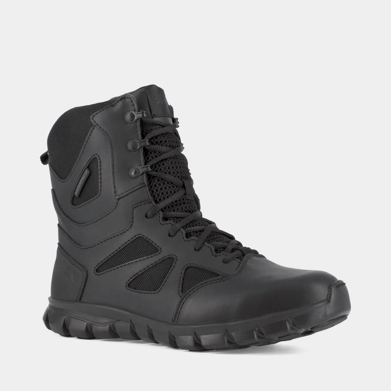 Reebok Work Sublite Cushion Tactical boots in black with mesh inserts, cushioned outsole, and reinforced toe, side view.