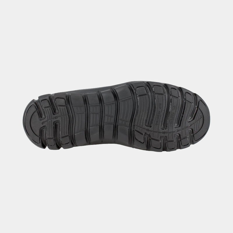 Reebok Work Sublite Cushion Tactical outsole in black with slip-resistant grooves and flexible tread design, bottom view.