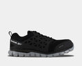 Reebok Work Sublite Cushion Work shoes in black with alloy toe protection, mesh upper, and lightweight gray outsole, side view.