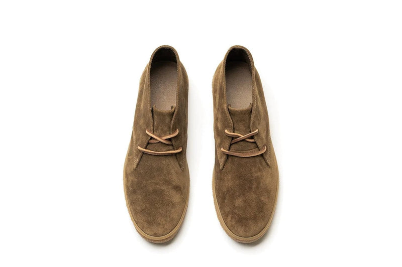 SeaVees Sun-Tans Chukka shoes in brown suede with leather laces and minimalist design, top view.
