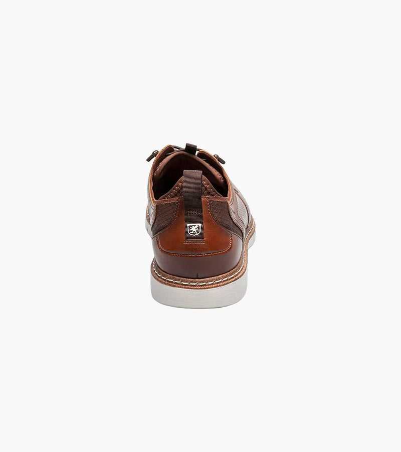 Stacy Adams Sync Plain Toe shoes with brown leather and textured accents, back view showing pull tab and logo detail.