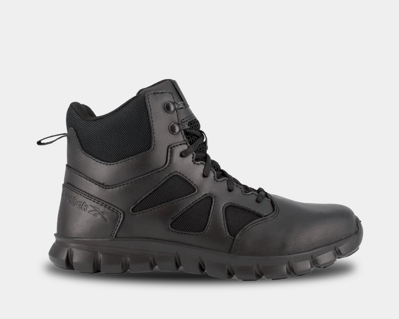 Reebok Work Tactical Boot with Side Zipper in black, featuring durable leather and mesh upper, slip-resistant sole, side view.