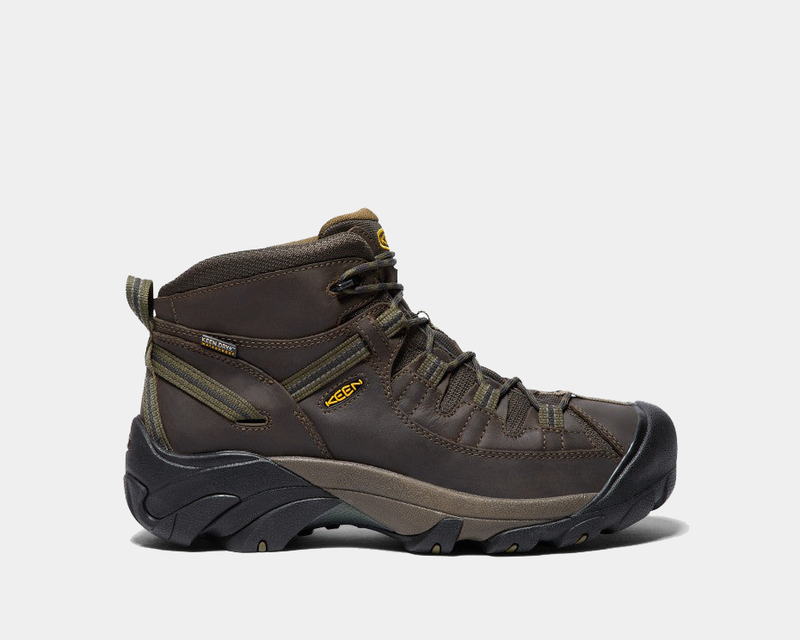 Keen Targhee II Mid hiking boots in dark brown with waterproof leather upper, rugged outsole, and padded collar, side view.