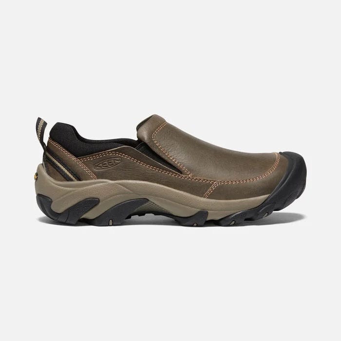 Keen Targhee II Soho slip-on shoes in brown leather with black accents and rugged outsole, side view.