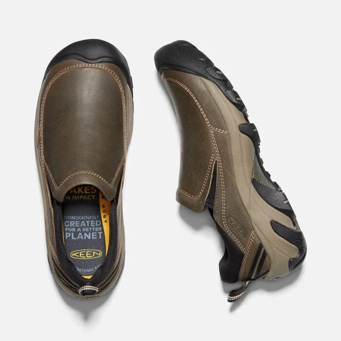 Keen Targhee II Soho slip-on shoes in brown leather with black accents, top and side view showing stitching and durable outsole.