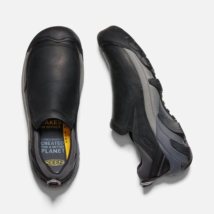 Keen Targhee II Soho slip-on shoes in black leather with gray sole, top and side view showing durable design and eco-conscious branding.