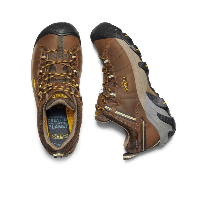 Keen Targhee II Waterproof hiking shoes in brown with leather upper, yellow accents, and durable toe cap, top and side view.