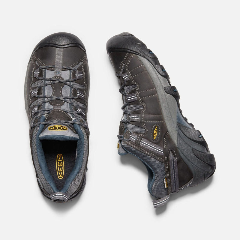 Keen Targhee II Waterproof hiking shoes in dark brown with durable leather upper, gray accents, and secure lace system, top and side view.
