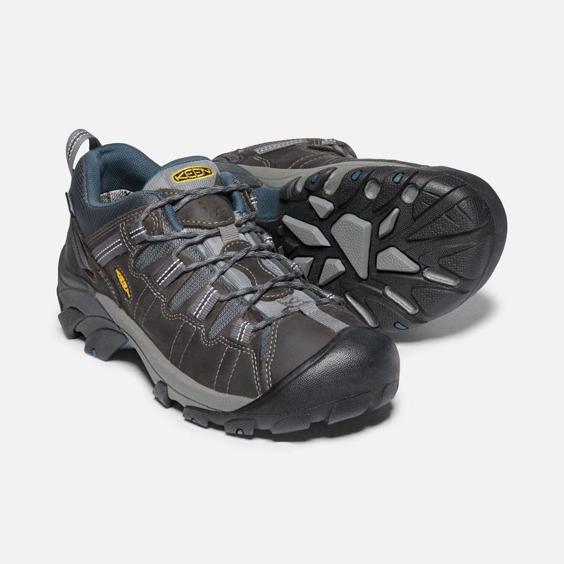 Keen Targhee II Waterproof hiking shoes in dark gray with durable leather upper, breathable lining, and rugged rubber outsole, angled view.