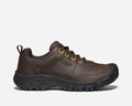 Keen Targhee III Oxford hiking shoes in dark brown leather with durable outsole and reinforced toe cap, side view.