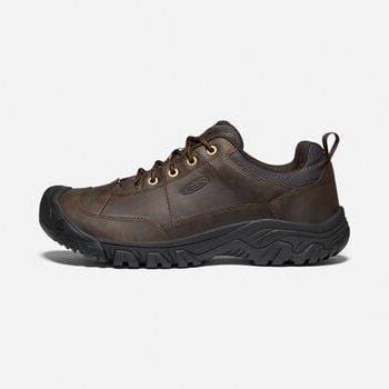 Keen Targhee III Oxford shoes in dark brown leather with a durable rubber outsole and protective toe cap, side view.