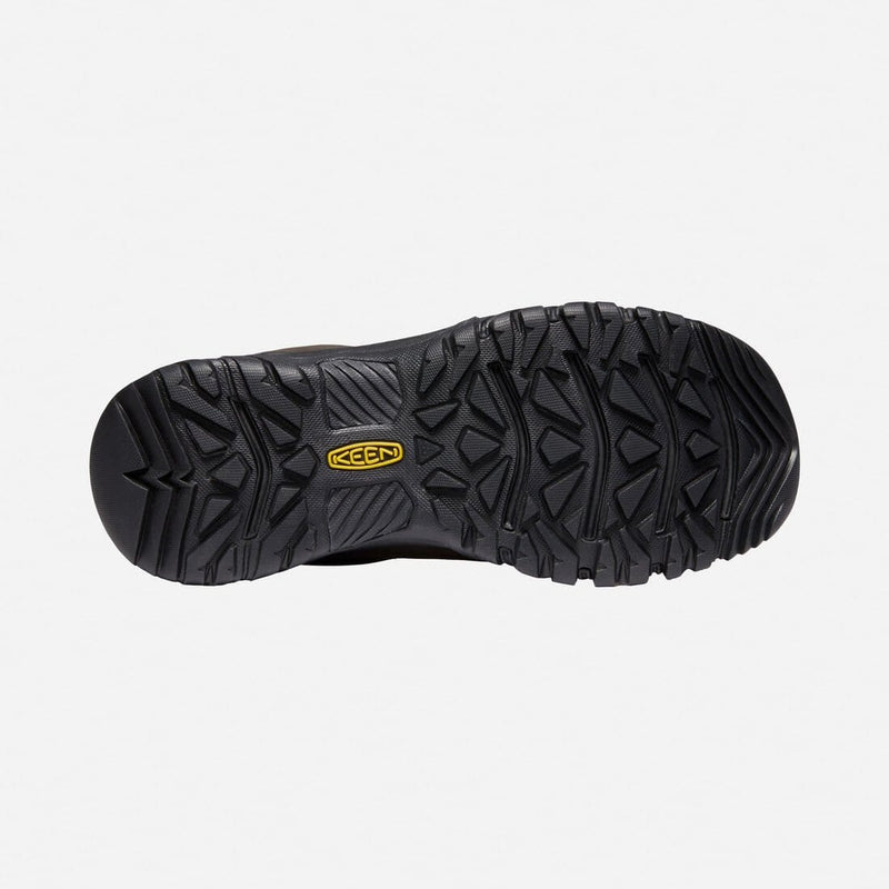 Keen Targhee III Oxford shoes outsole showing rugged black rubber tread pattern with yellow logo, bottom view.