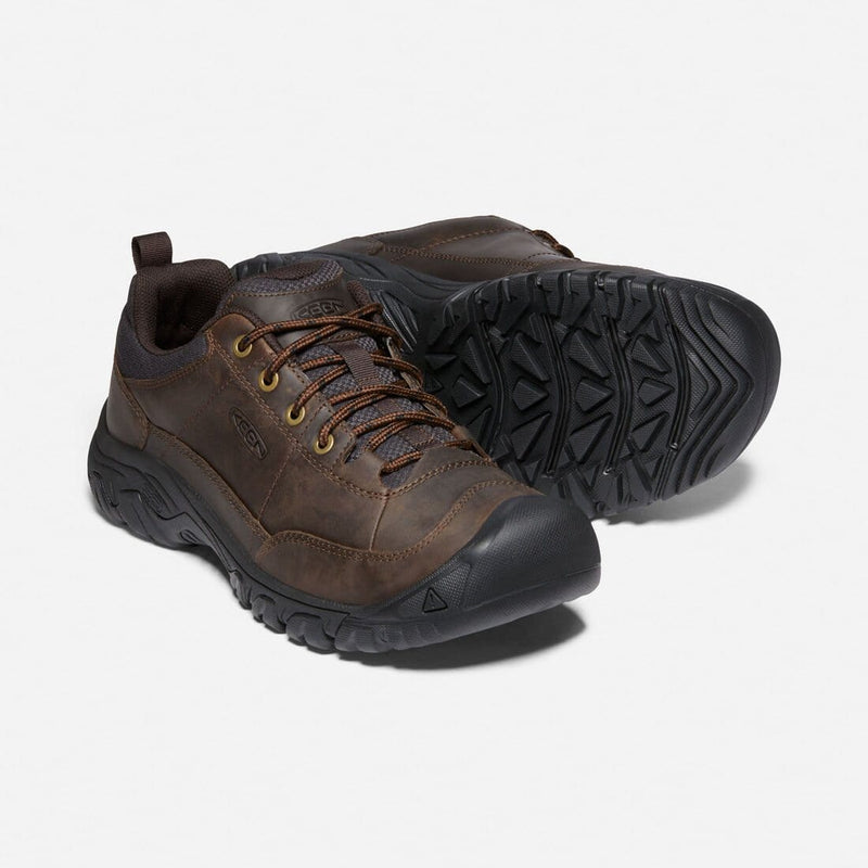 Keen Targhee III Oxford shoes in dark brown leather with black rubber outsole and durable lace-up design, displayed at an angle.