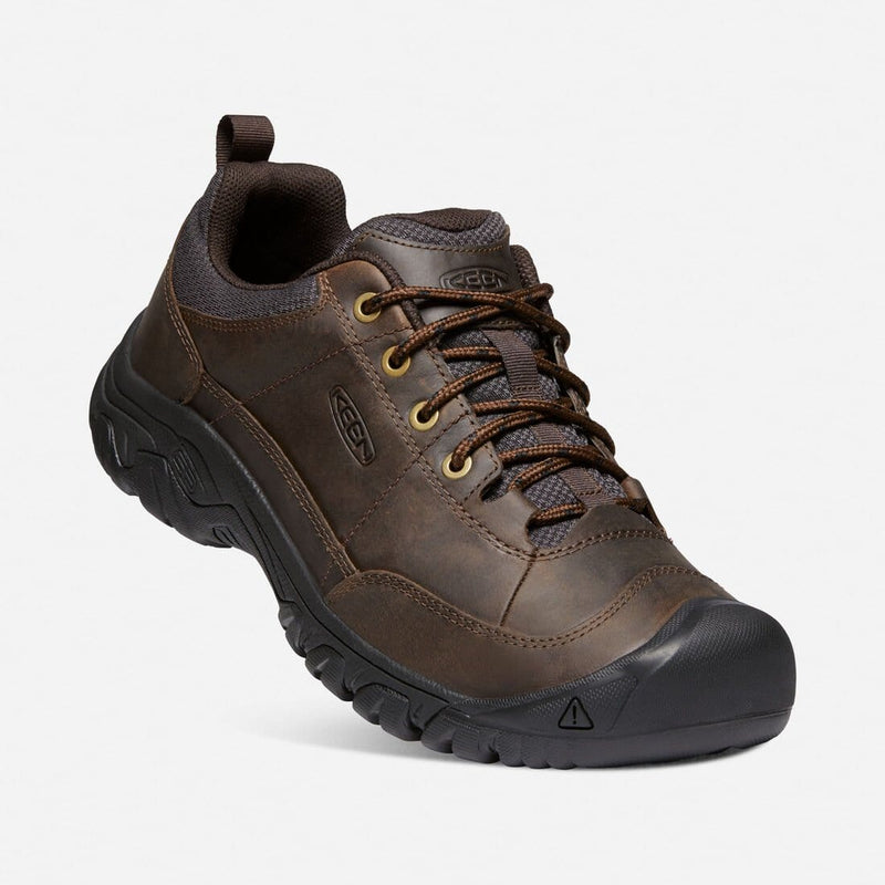 Keen Targhee III Oxford shoes in dark brown leather with durable stitching, lace-up closure, and black rugged outsole, front angle view.