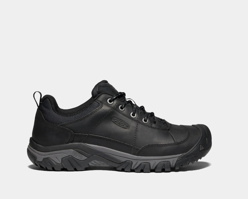 Keen Targhee III Oxford shoes in all-black leather with rugged outsole and lace-up closure, side view.