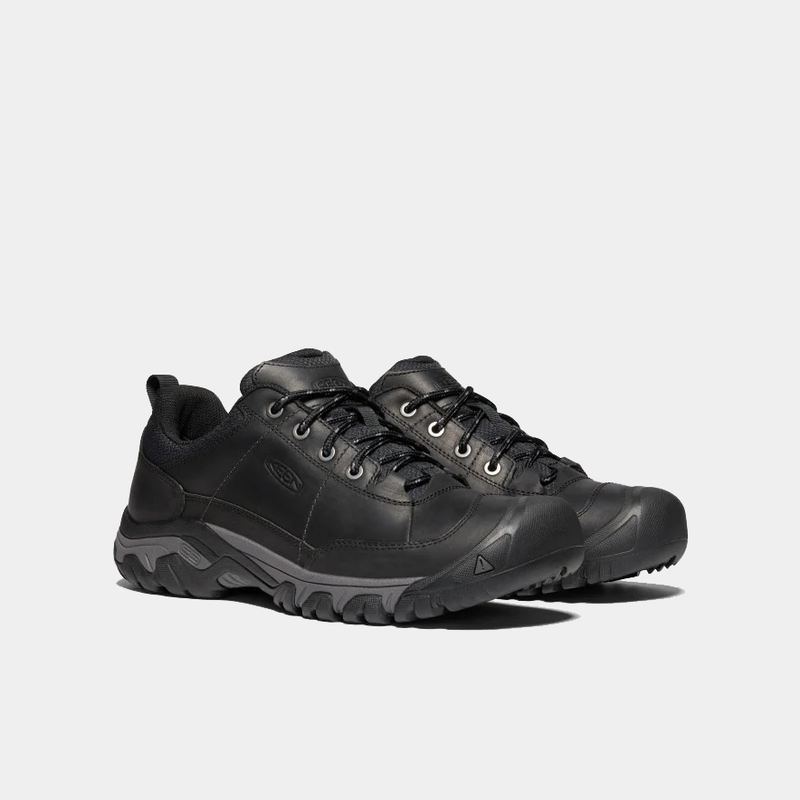Keen Targhee III Oxford shoes in black leather with durable rubber outsole and lace-up design, angled front-side view.