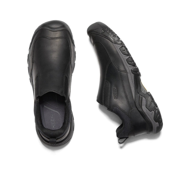 Keen Targhee III Slip-On shoes in black leather with durable rubber outsole and padded collar, top and side views.