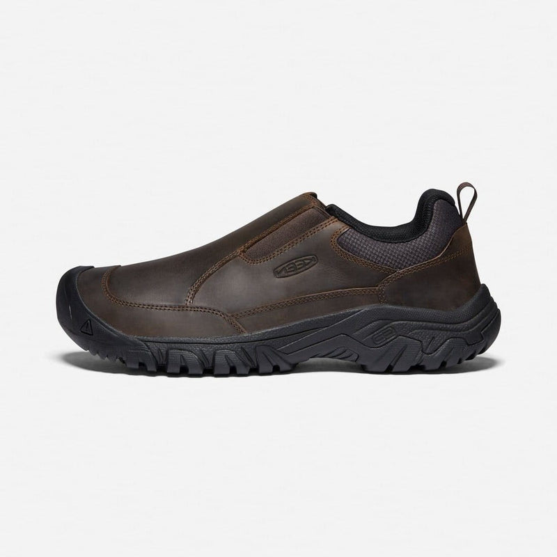 Keen Targhee III Slip-On shoes in dark brown leather with black rubber outsole and pull tab, side view.