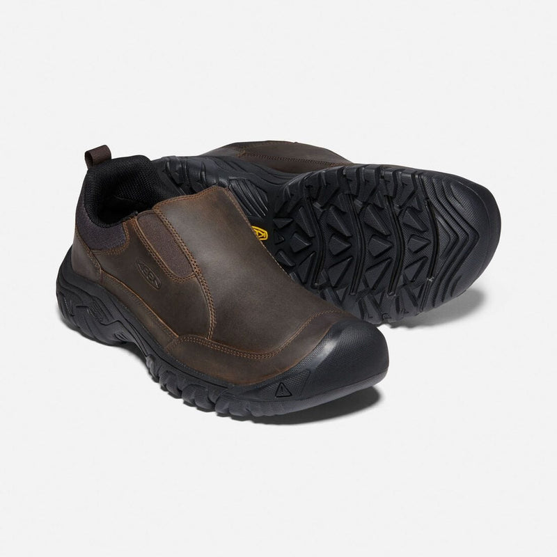 Keen Targhee III Slip-On shoes in dark brown leather with black rubber outsole and slip-on design, angled view.
