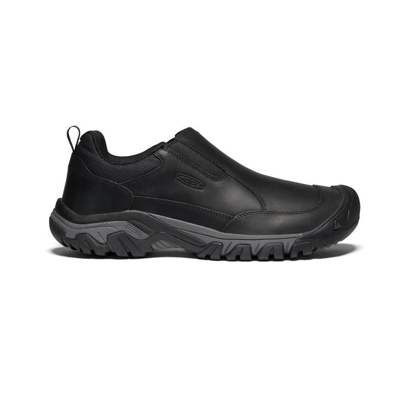 Keen Targhee III Slip-On shoes in black leather with rugged outsole and pull tab, side view.