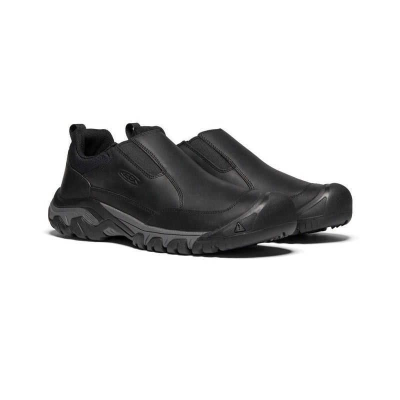 Keen Targhee III Slip-On shoes in black with durable leather upper and rugged outsole, angled front side view.