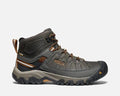 Keen Targhee III Waterproof Mid hiking boots in dark olive and brown with rugged leather upper and mid-rise ankle support, side view.