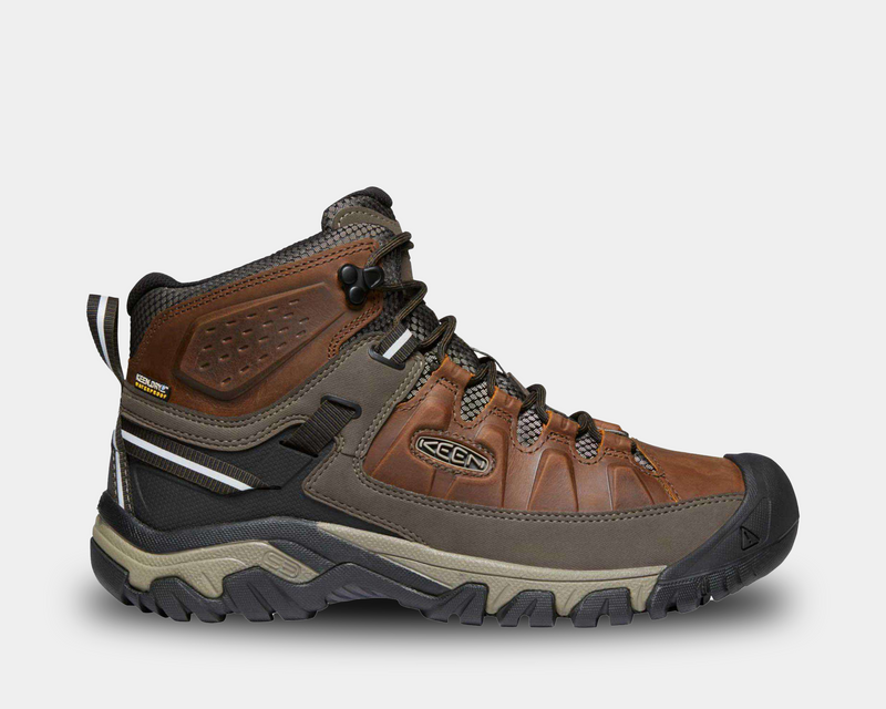 Keen Targhee III Waterproof Mid hiking boots in brown and dark gray with rugged leather upper and reinforced toe, side view.