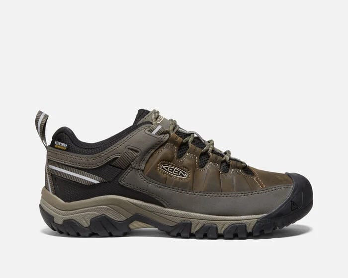 Keen Targhee III Waterproof hiking shoes in brown and black with durable leather upper and rugged outsole, side view.
