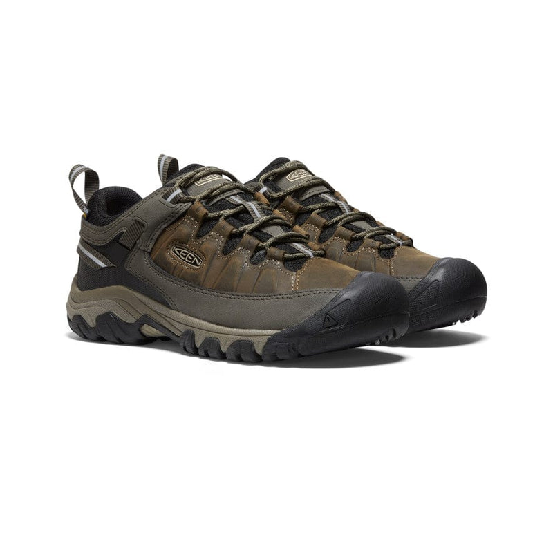 Keen Targhee III Waterproof hiking shoes in brown and gray with rugged leather upper and reinforced toe, angled front view.