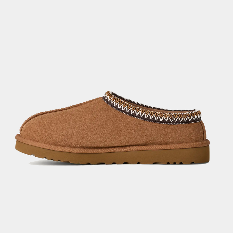 UGG Tasman II Slipper in chestnut brown with suede upper, embroidered trim, and durable outsole, side view.