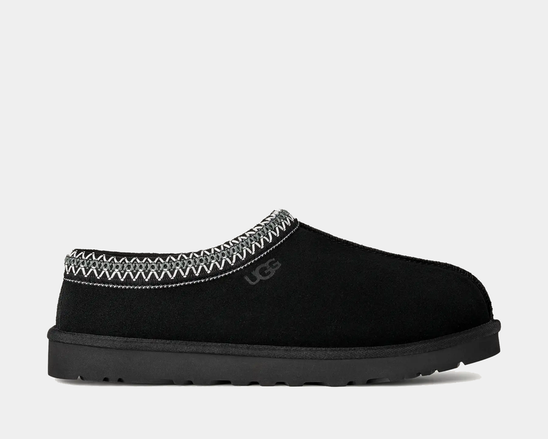 UGG Tasman II Slipper in black suede with embroidered cuff detail and lightweight sole, side view.