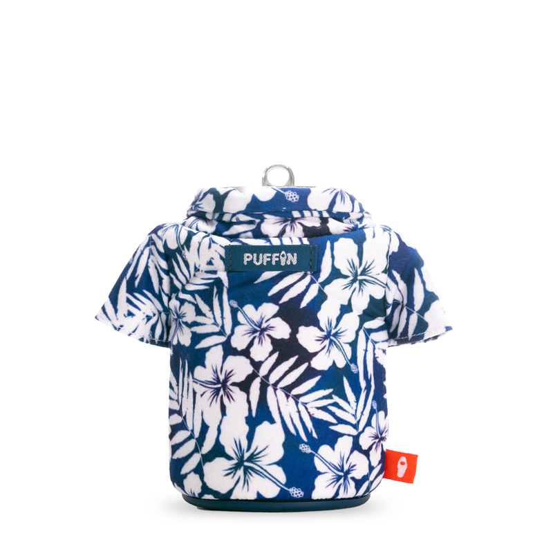 Puffin The Aloha beverage holder with blue and white tropical hibiscus print fabric and button-down design, front view.