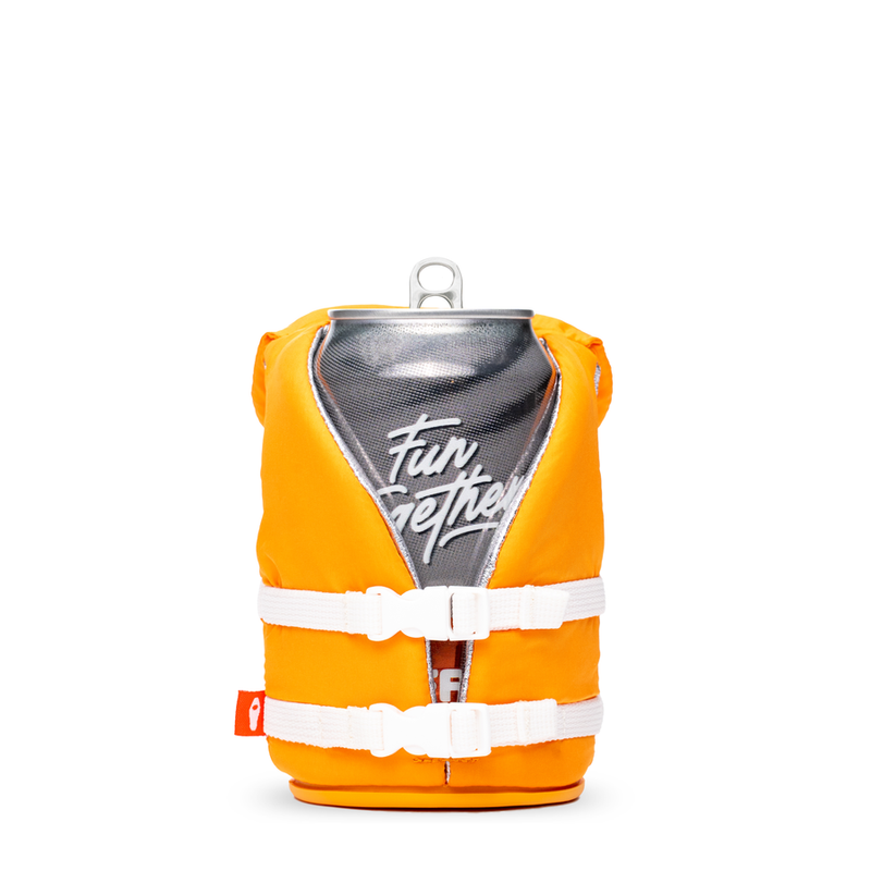 Puffin The Buoy can cooler in bright orange with white buckle straps, designed to resemble a life jacket, front view.