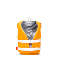 Puffin The Buoy can cooler in bright orange with white buckle straps, designed to resemble a life jacket, front view.