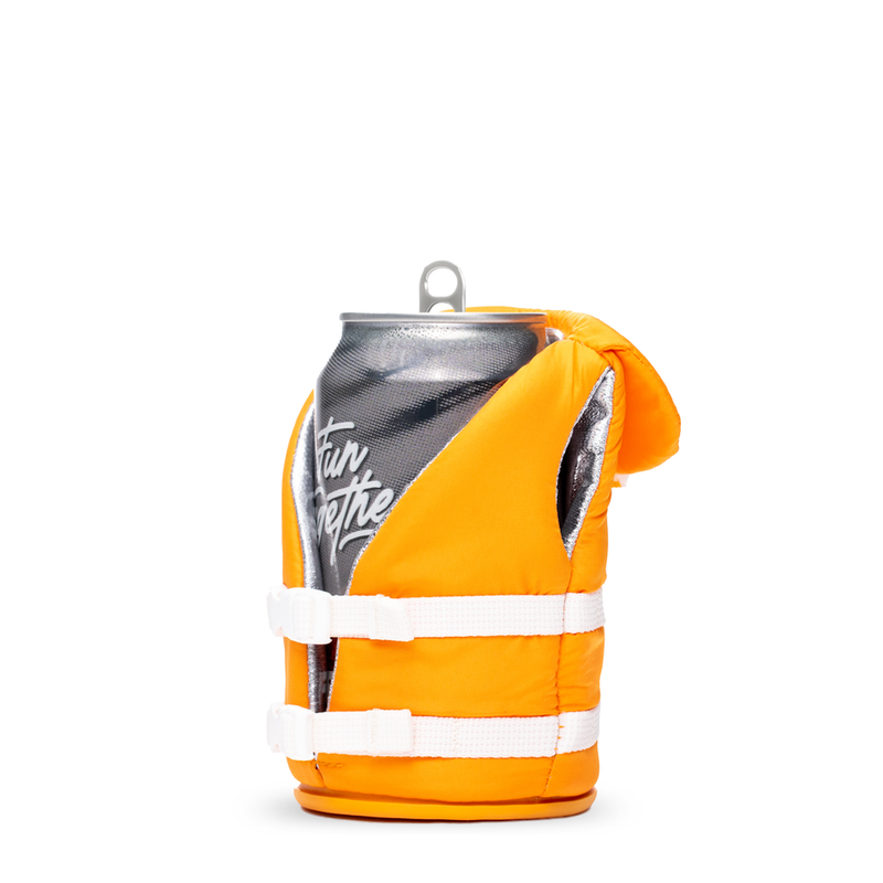 Puffin The Buoy beverage jacket in bright orange with white buckle straps and life vest design, front view.