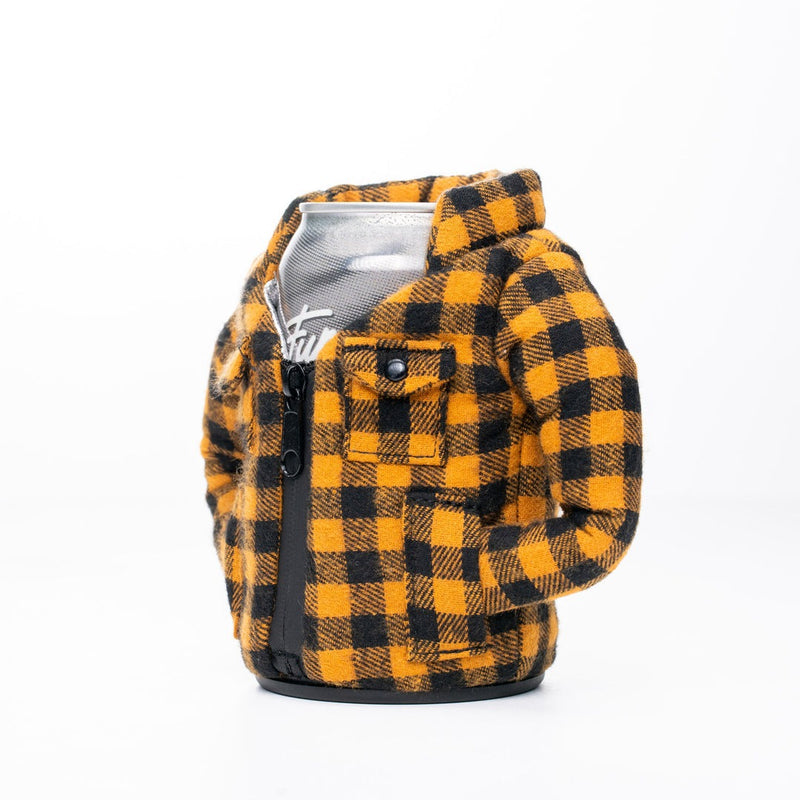 Puffin The Lumberjack can cooler in yellow and black plaid flannel design with front zipper and pocket details, front view.