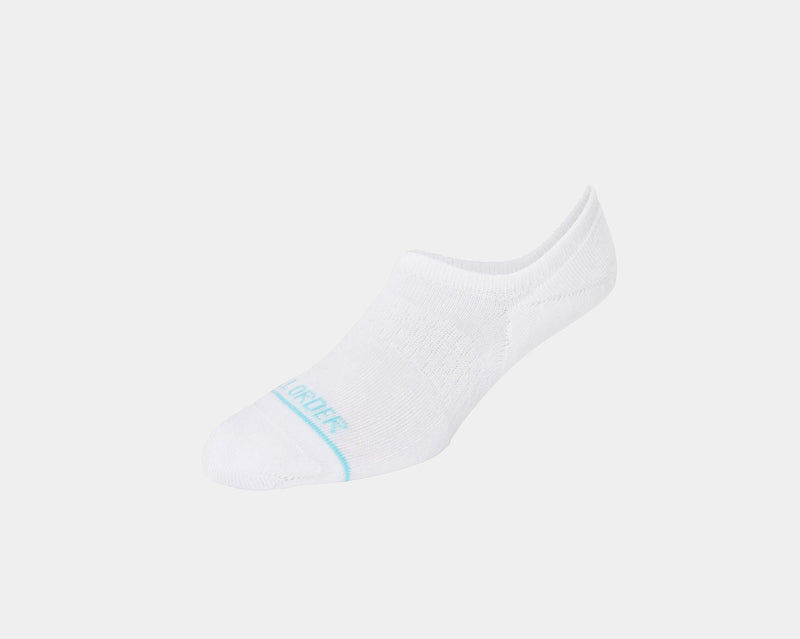 Tall Order The No-Show Socks in white with blue logo detailing and soft cotton fabric, angled side view.